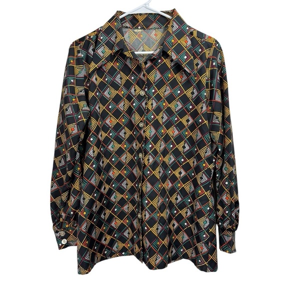 Vintage 70's Disco Shirt Top Womens Size M/L Black Print Button Up Mod Dagger - Picture 1 of 7
